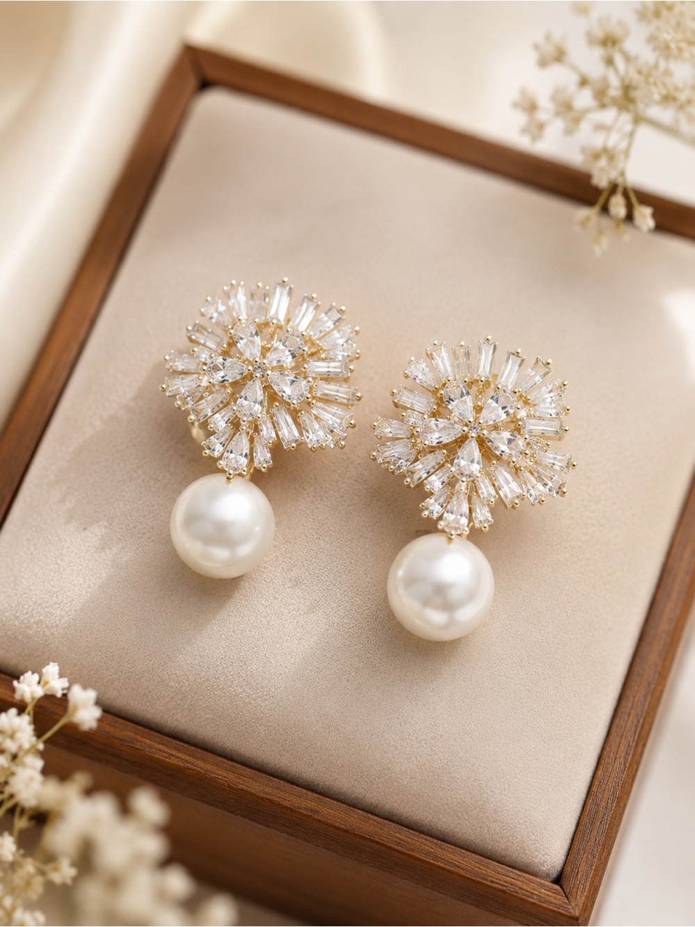 Gold Crystal Floral Drop Earrings with Pearl Accent